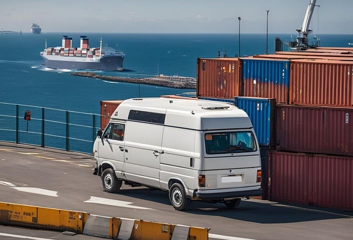 Motorhome leaving container ship AI