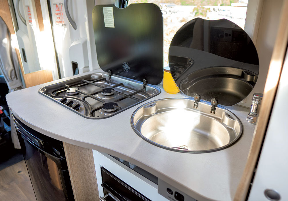 Three-burner hob and sink are sized for larger motorhomes