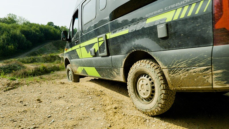 Motorhome tyre being driven on rough conditions