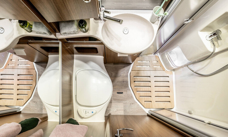 The bathroom area of a HYMER motorhome