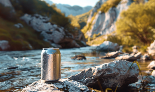 Can of beer cooling by a river