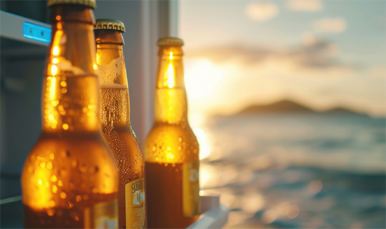 Beer in RV fridge with view of ocean